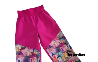 Dívčí jarní - podzimní rostoucí softshellové kalhoty - Malina + Růžové domečky